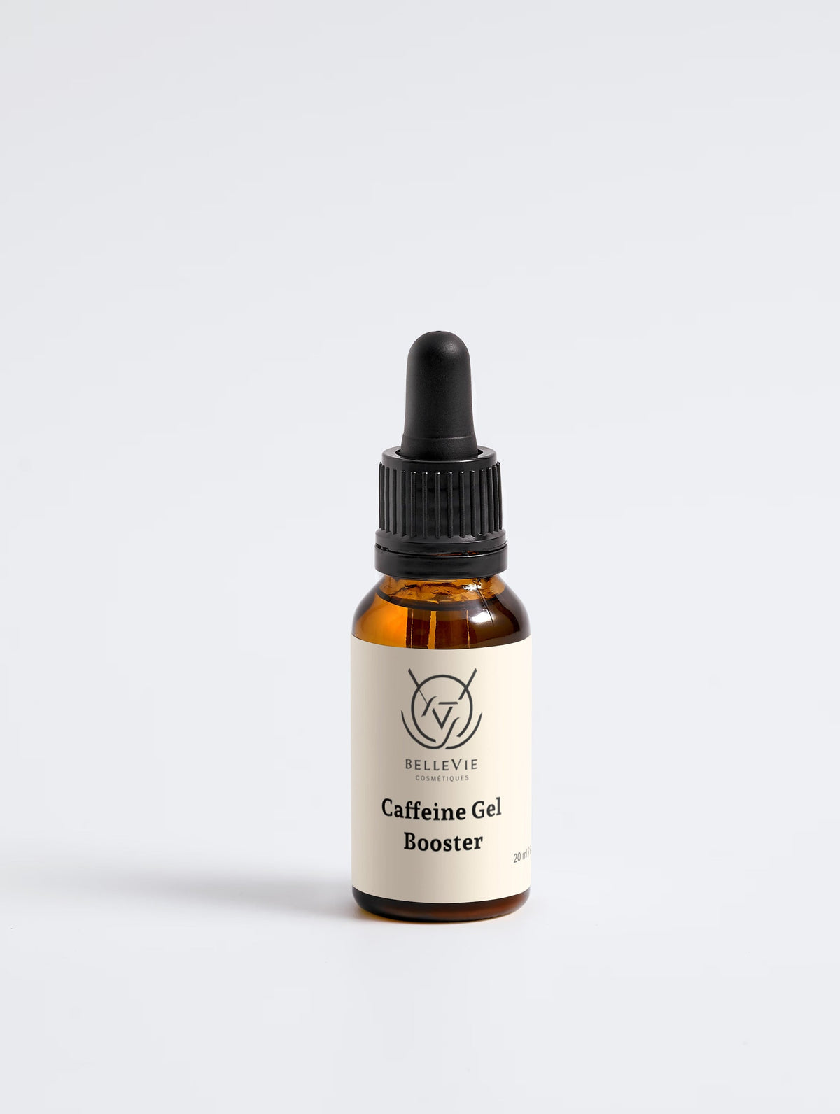 Belleviecosmetic caffeine booster gel in 20ml container, designed to de-puff, brighten, and hydrate skin.