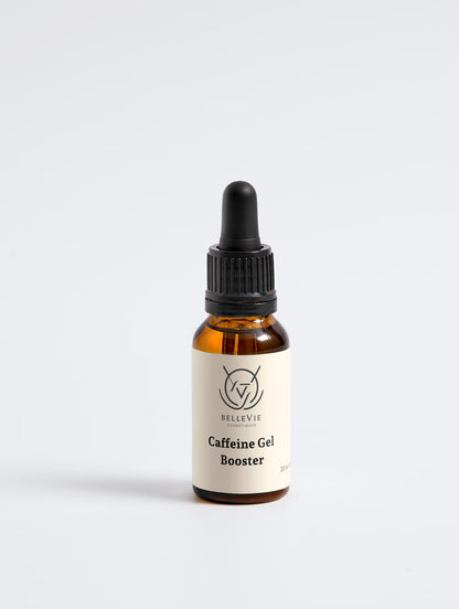 Belleviecosmetic caffeine booster gel in 20ml container, designed to de-puff, brighten, and hydrate skin.