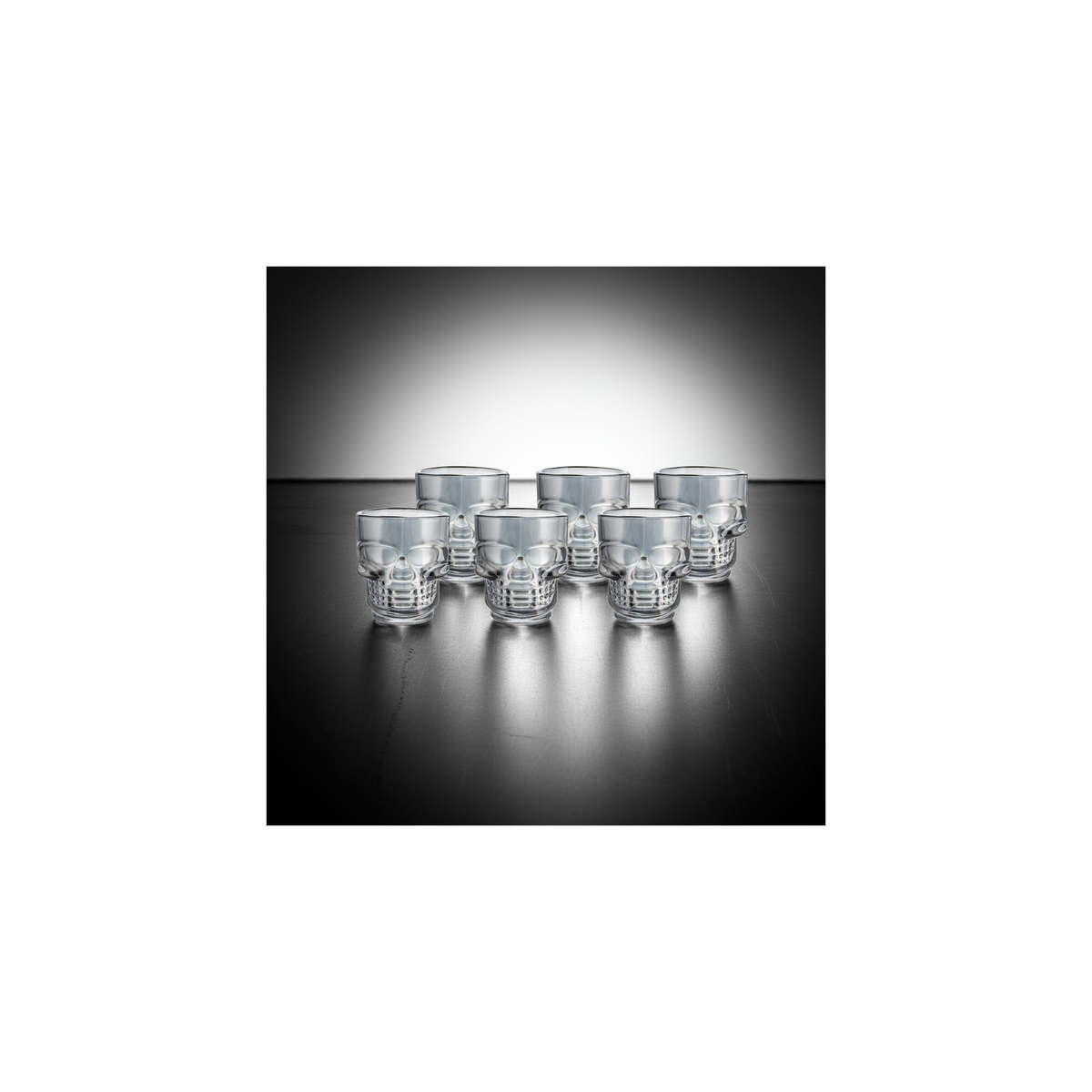 Set of 6 Dura Living skull shot glasses, 1.75 oz glassware with spooky skull design for Halloween parties and home decor.