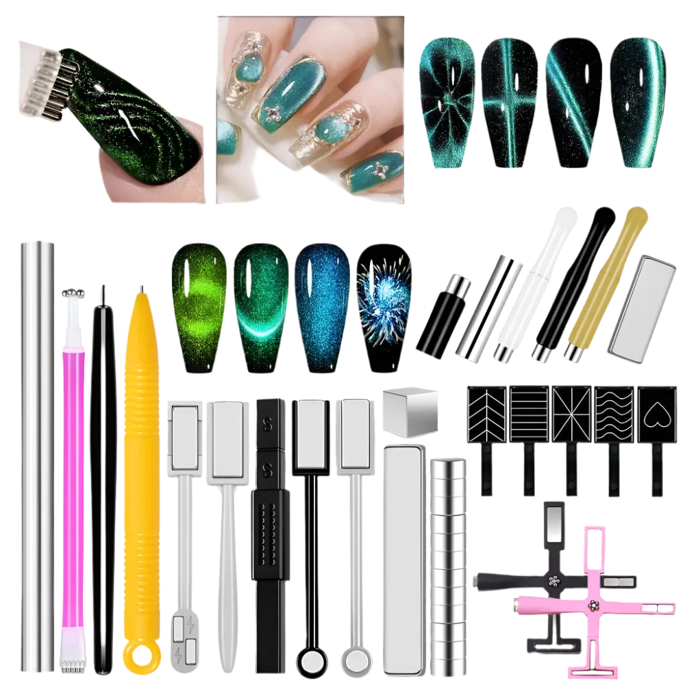 Set of 25 KVADRO nail art cat eye design magnets with magnetic sticks for 3D cat eye gel nail art.