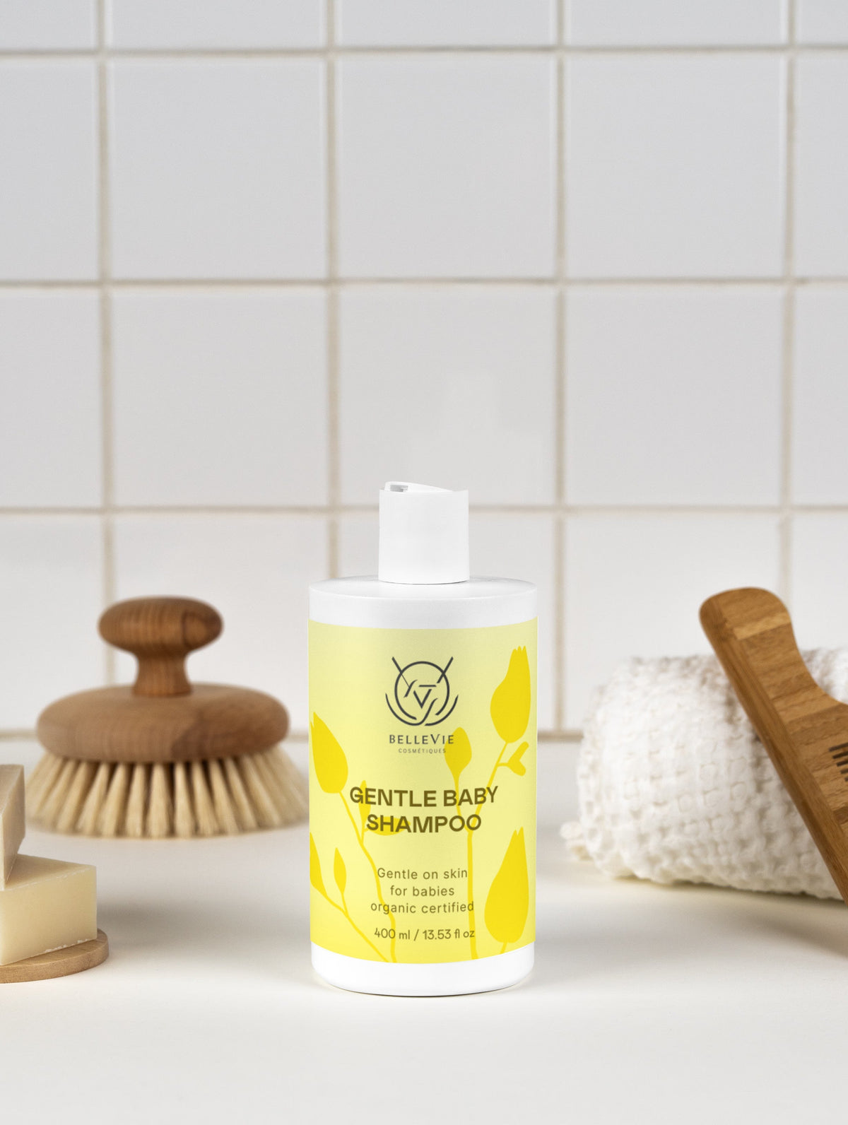 Organic gentle baby shampoo by Belleviecosmetic, tear-free formula for sensitive scalps and cradle cap, allergen-free and dermatologically tested