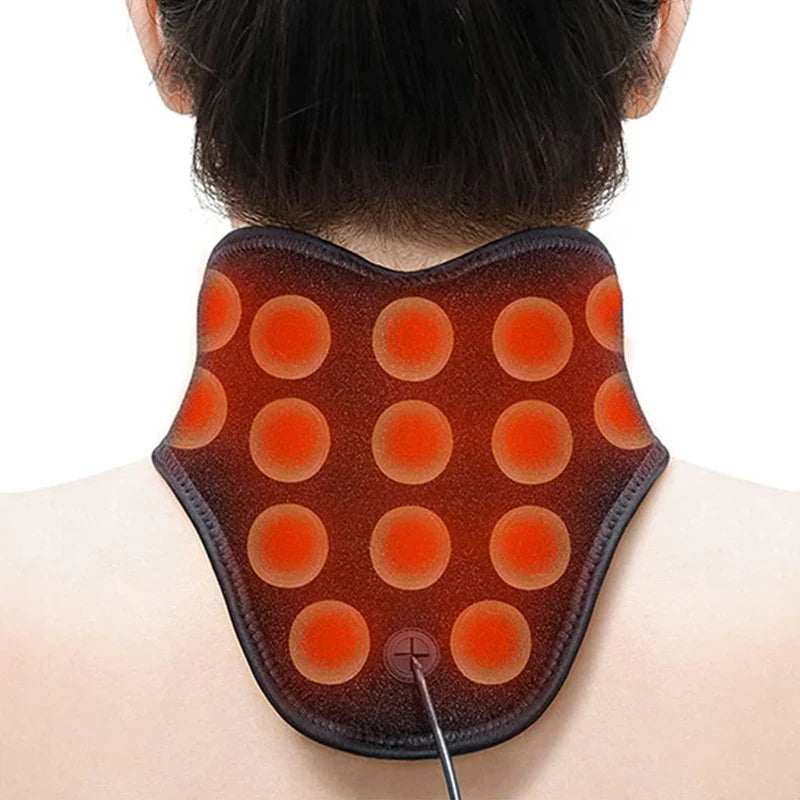 iReliev wearable far infrared heating pad wrapped around a neck for pain relief, showing adjustable straps and soft fabric.