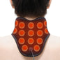 iReliev wearable far infrared heating pad wrapped around a neck for pain relief, showing adjustable straps and soft fabric.