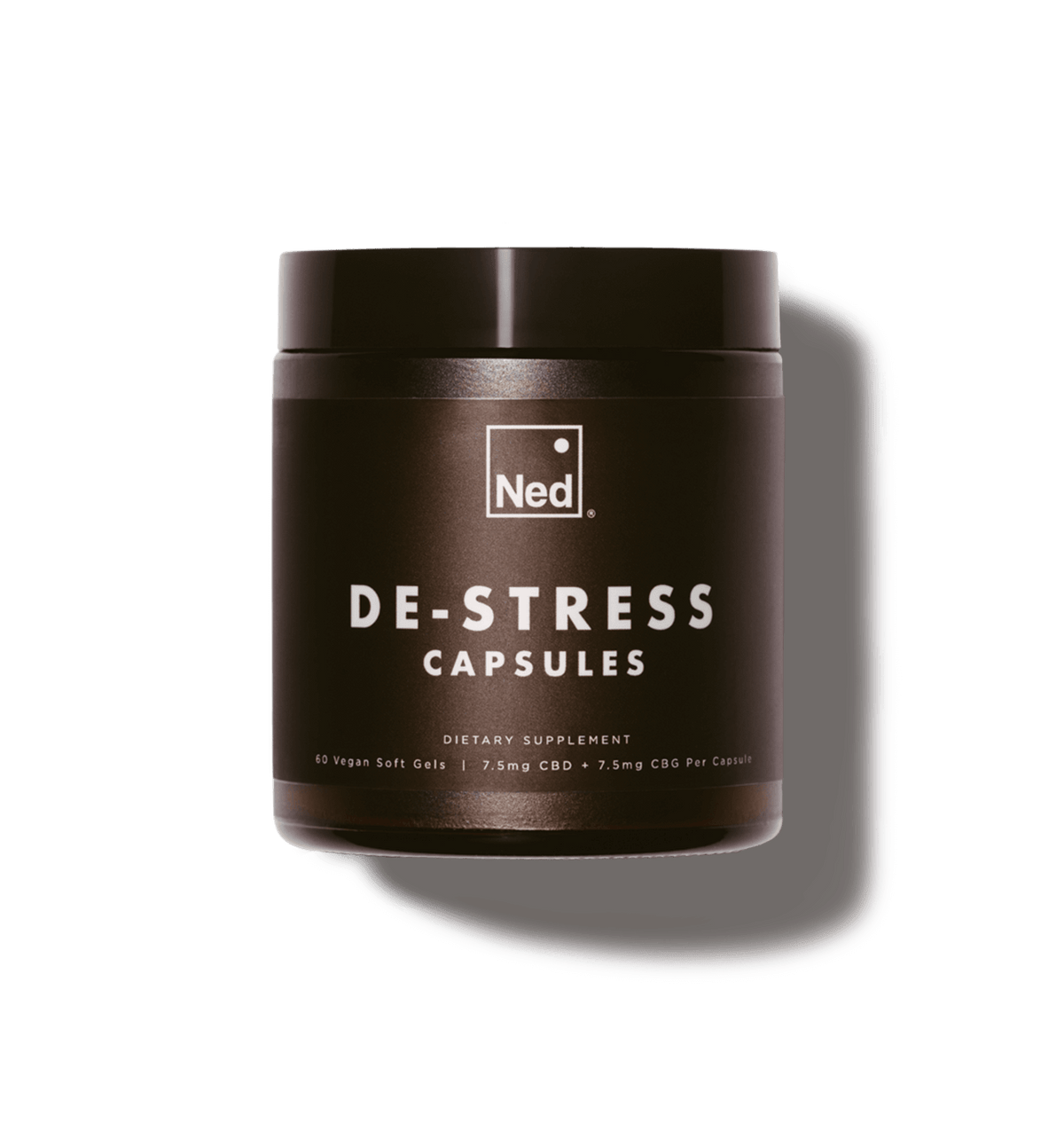 Foria De-Stress Capsules in a bottle, showing the front label with capsules inside, designed for relaxation and stress relief.