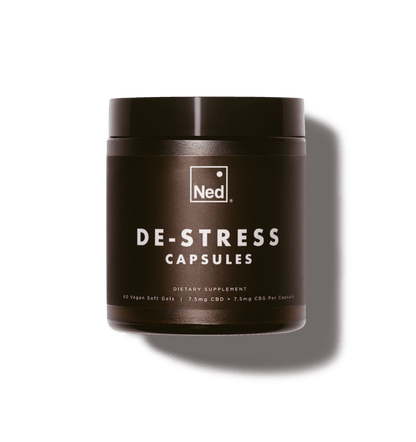 Foria De-Stress Capsules in a bottle, showing the front label with capsules inside, designed for relaxation and stress relief.