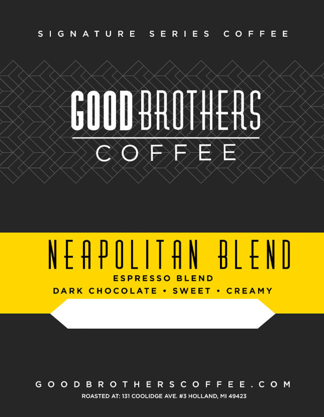 Dark roasted Neapolitan espresso blend coffee beans from Good Brothers Coffee LLC, showing shiny, roasted coffee beans in a close-up.