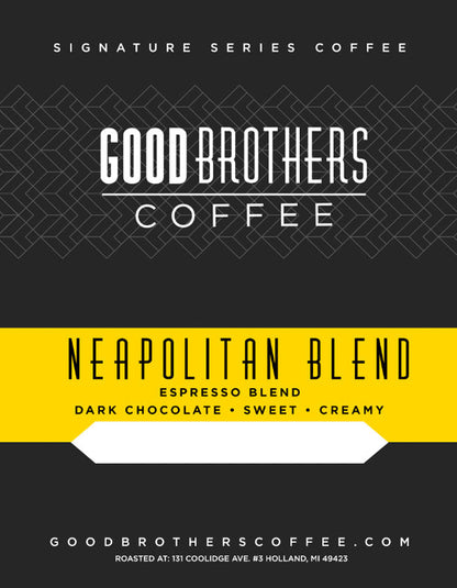 Dark roasted Neapolitan espresso blend coffee beans from Good Brothers Coffee LLC, showing shiny, roasted coffee beans in a close-up.