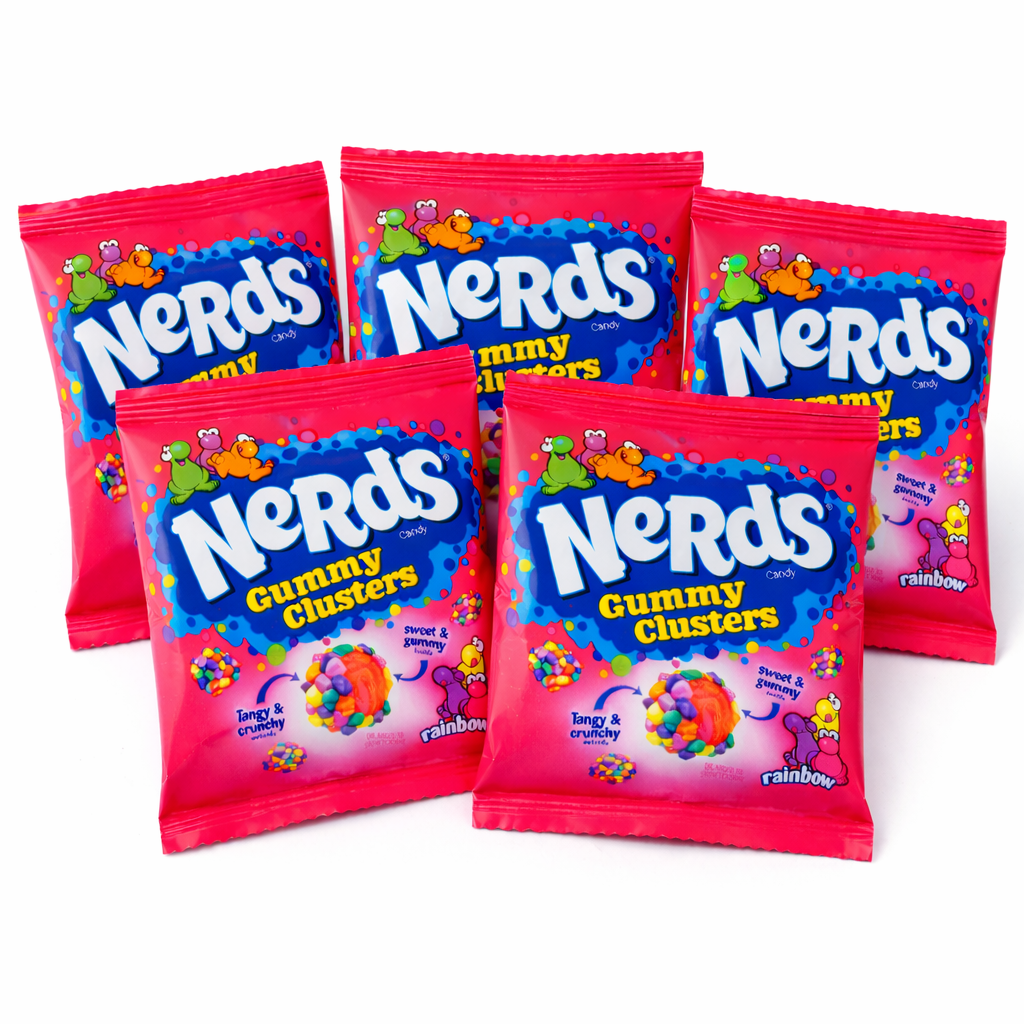 Rainbow Nerds Gummy Clusters in a 0.5oz pack from Candy In Bulk, featuring colorful chewy candy clusters.