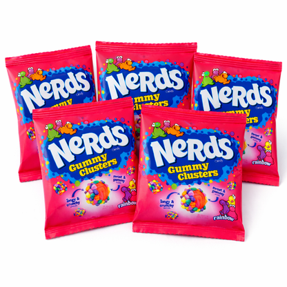 Rainbow Nerds Gummy Clusters in a 0.5oz pack from Candy In Bulk, featuring colorful chewy candy clusters.