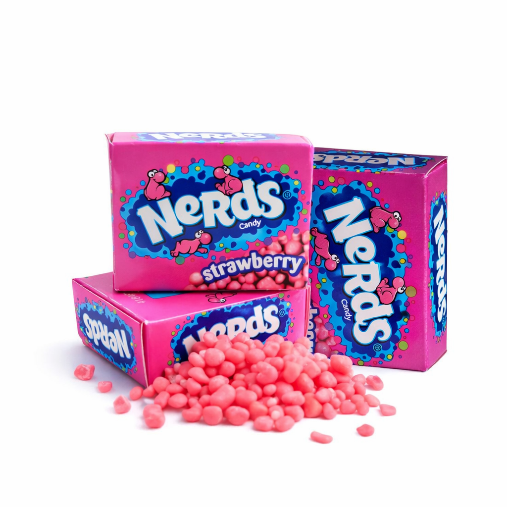 Nerds Strawberry candy in crunchy, sweet, and tangy mini boxes from Candy In Bulk, showing colorful candy grains.