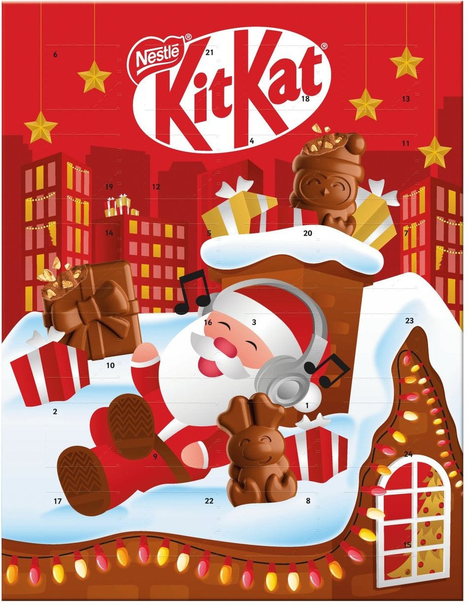 Nestle KitKat Advent Calendar 85g with festive chocolate treats behind numbered doors, perfect for holiday countdown.