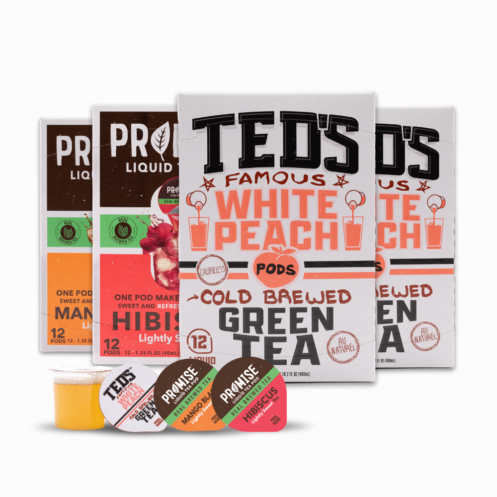 Java House Ted's Famous White Peach Cold Brew Green Tea in a box, showing the front pour shot with 48 tea bags.