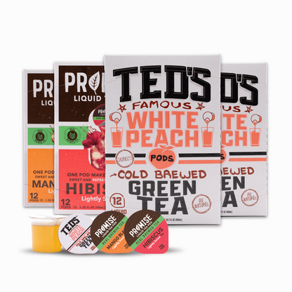 Java House Ted's Famous White Peach Cold Brew Green Tea in a box, showing the front pour shot with 48 tea bags.