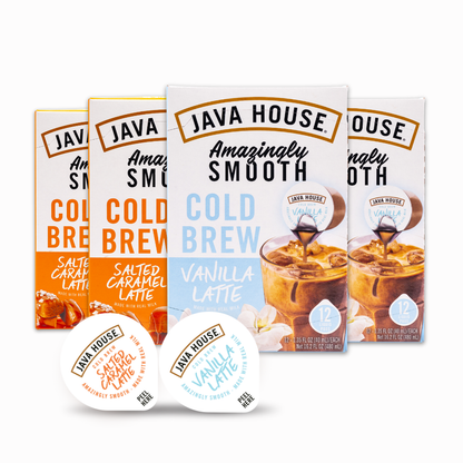 Cold brew latte in French vanilla flavor by Java House, showing the new box front with pour shot and 48 count packaging.