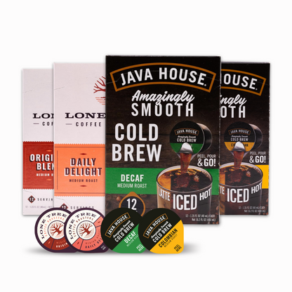Java House Lone Tree Coffee Roasters Daily Delight Medium Roast coffee boxes, front view showing 48-count packaging.