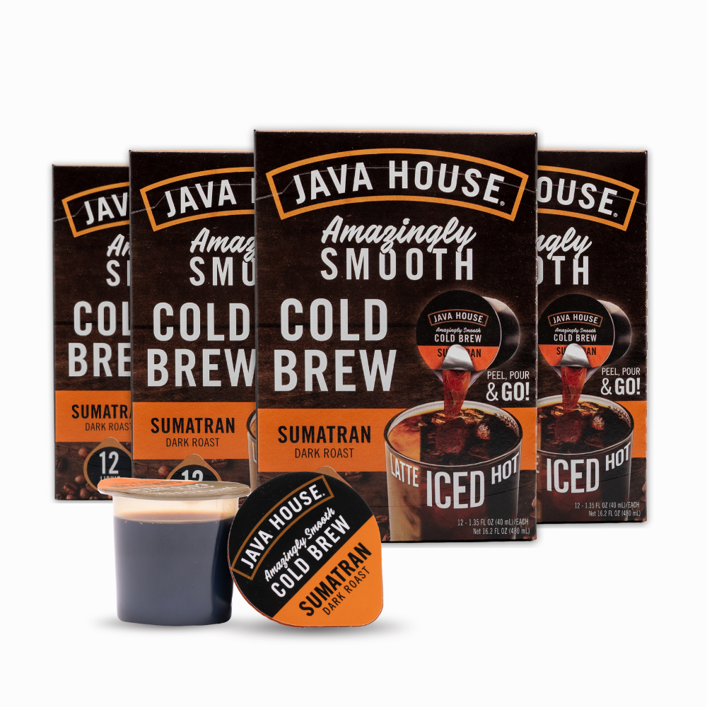 Java House Cold Brew Coffee Pods, Sumatran flavor, new box front image showing 48-count pack of single-serve pods.