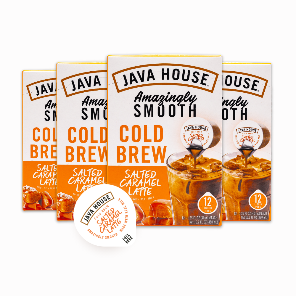 Java House Cold Brew Latte French Vanilla box with 48 ready-to-pour shots, showcasing the product packaging.