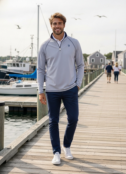 Gray White Water Life Harbor quarter zip sweater with a relaxed fit and comfortable design, shown on a model.