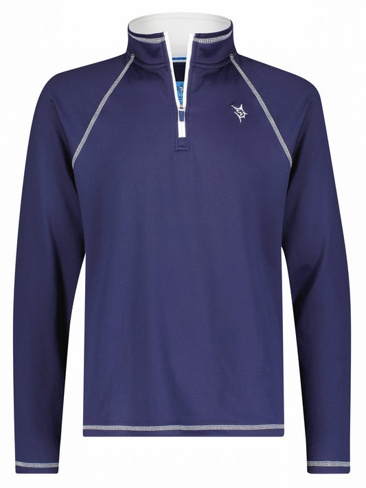 Navy quarter zip sweater from White Water Life, featuring a comfortable fit and casual style, perfect for everyday wear.