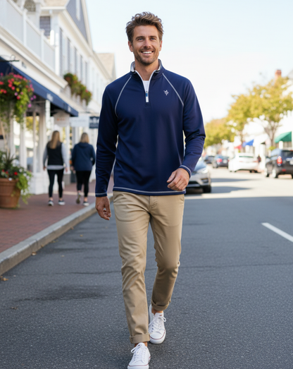 Navy-colored White Water Life New Harbor quarter zip sweatshirt with a relaxed fit and comfortable design.