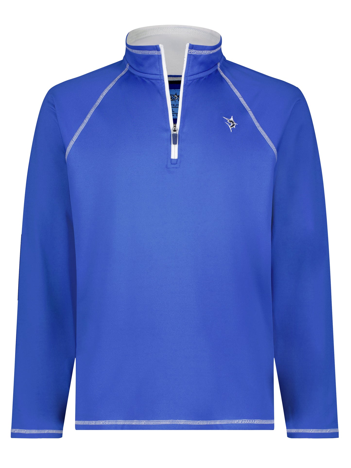 White Water Life New Harbor royal quarter zip sweatshirt, casual and comfortable, displayed on a hanger against a plain background.
