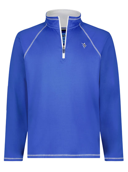 White Water Life New Harbor royal quarter zip sweatshirt, casual and comfortable, displayed on a hanger against a plain background.