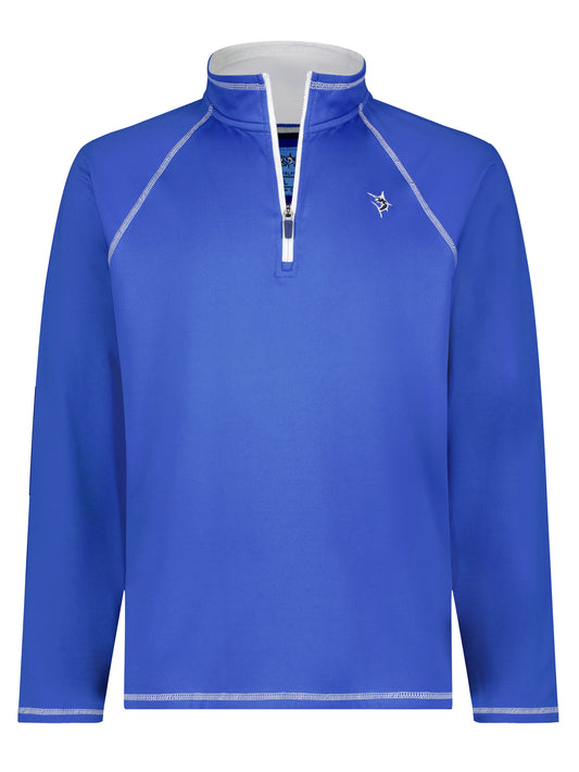 White Water Life New Harbor royal quarter zip sweatshirt, casual and comfortable, displayed on a hanger against a plain background.
