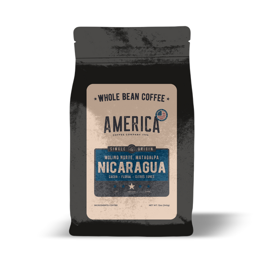 Whole Nicaragua single origin coffee bean bag from America Supply Company LLC, showcasing a package of premium coffee beans.