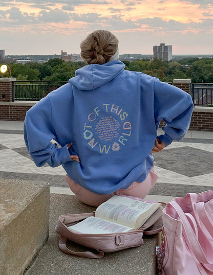 Elevated Faith unisex hoodie featuring a cosmic-inspired "Not of This World" design, shown in a front view with soft fabric texture.