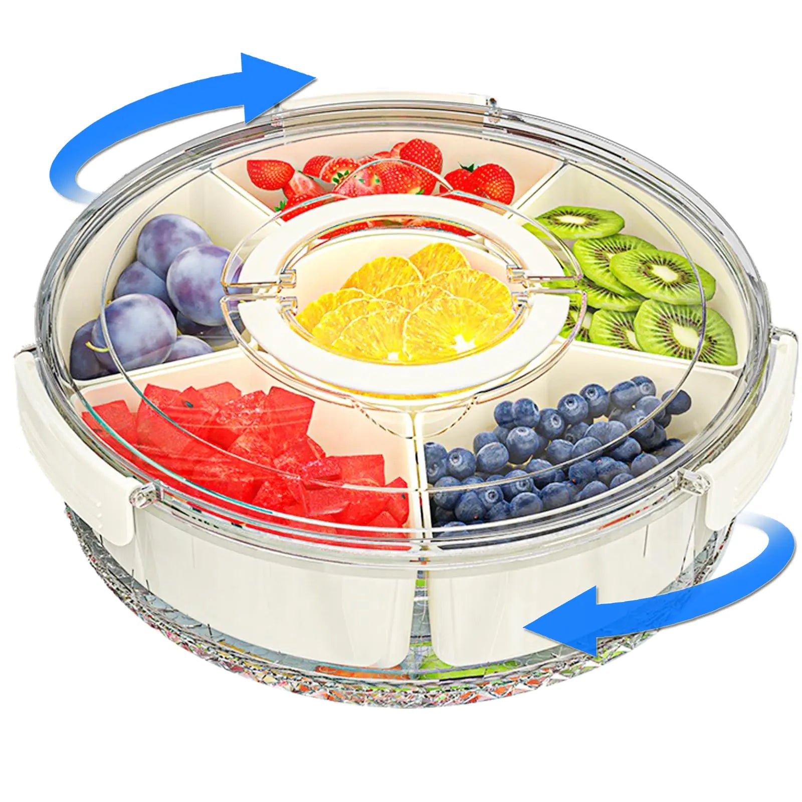 Rotating Snackle Box Container Divided Serving Tray with Lid and Handle Portable Clear Snack Box Container Organizer for Charcuterie Veggie Fruits Candy Snacks Party Travel Picnic