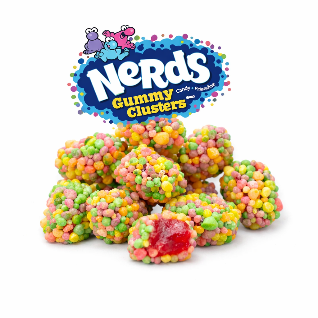 Rainbow Nerds Gummy Clusters candy in a bulk value bag, featuring colorful, chewy gummy clusters from Candy In Bulk.