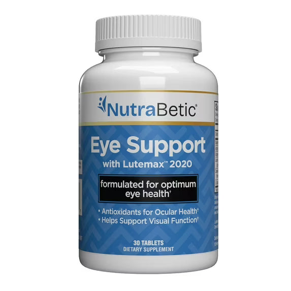 Bottle of NutraBetic Eye Support Tablets by Pasteur Pharmacy, 30 count, with antioxidants and Lutemax 2020 for eye health.