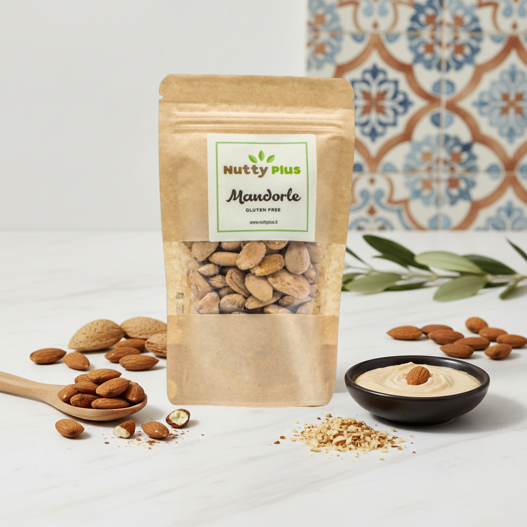 Roasted peeled almonds from Nutty, showcasing their crunchy texture and golden color in a close-up image.