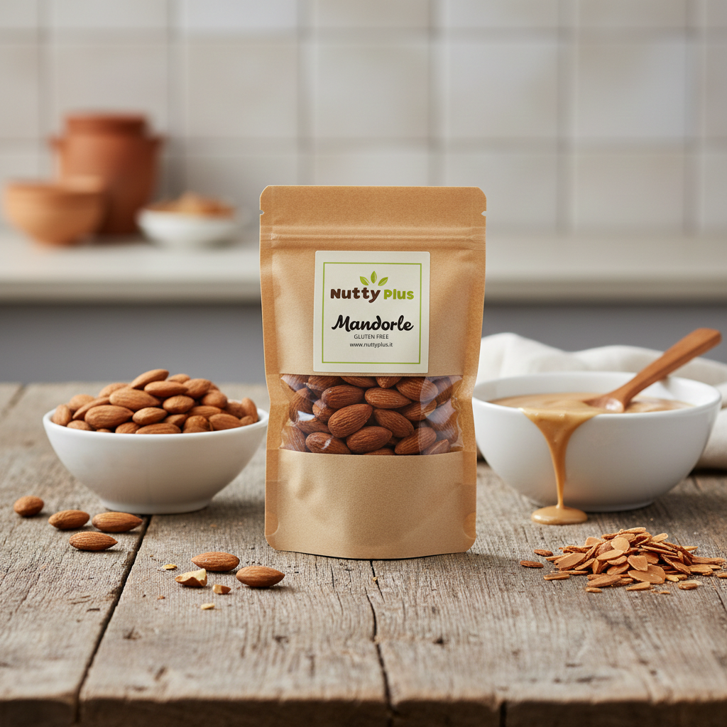 NuttyPlus shelled Sicilian almonds, natural dried fruit with shells, rich in fiber and healthy nutrients.