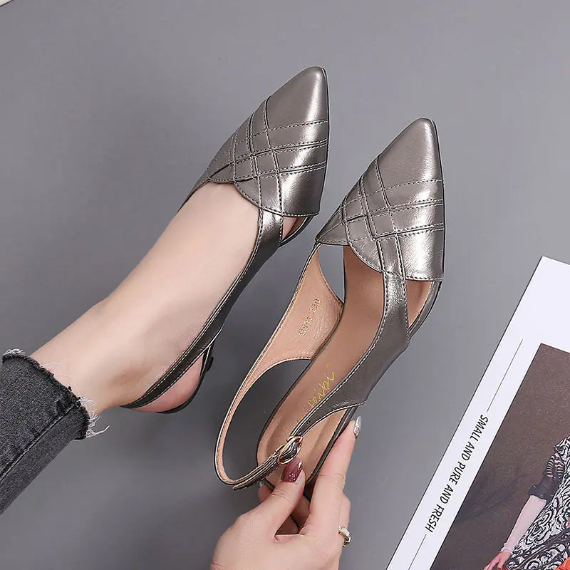 New Summer Women's Leather Mid-Heel Pointed Toe Sandals