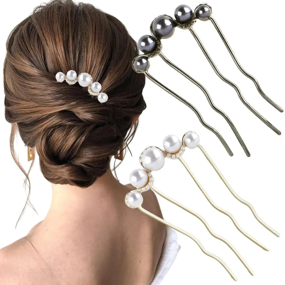 2Pcs Pearl U Shaped Hair Pins for Buns U Shaped Hair Pin French Pins for Thick Hair French Twist Hair Side Combs for Women Black Gold Hair Comb Metal Hair Fork Hair Forks Hairpins Hairfork Hair Sticks