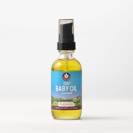 WishGarden Herbs Oh Baby Oil with lavender for bodycare, featuring a clear bottle with lavender scent and soothing natural ingredients.