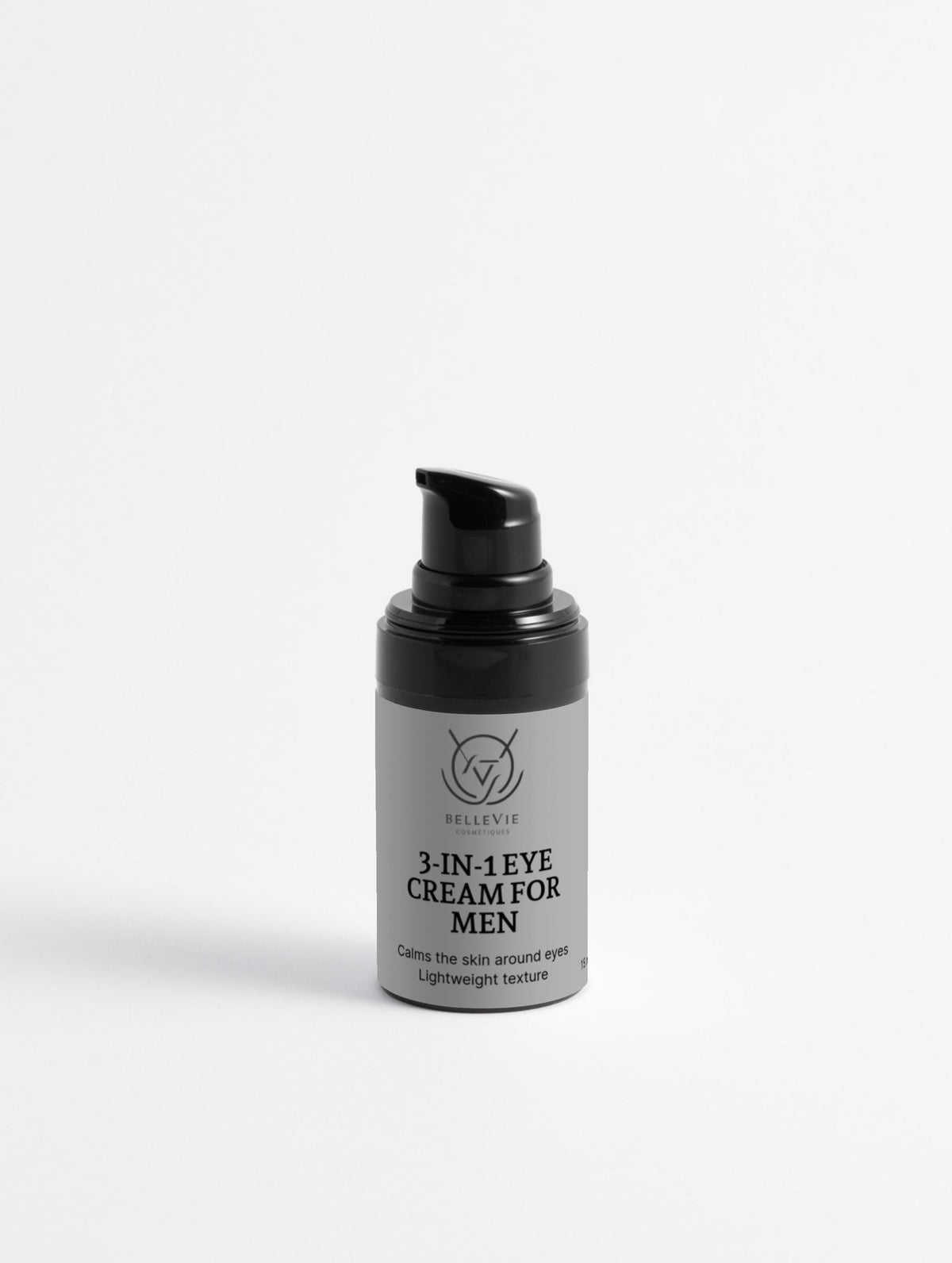BelleVie Cosmétiques 3-in-1 men’s eye cream with hemp extract, 15ml, for hydration, brightening, and rejuvenation of the eye area.