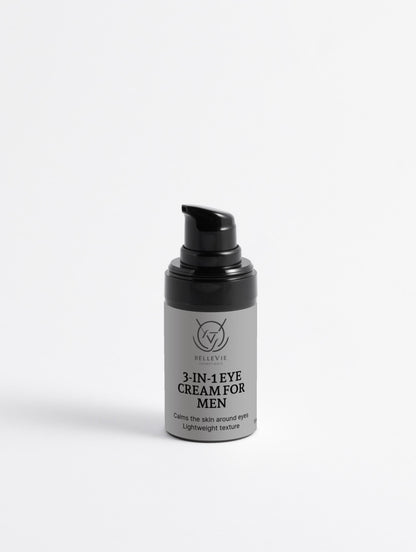 BelleVie Cosmétiques 3-in-1 men’s eye cream with hemp extract, 15ml, for hydration, brightening, and rejuvenation of the eye area.
