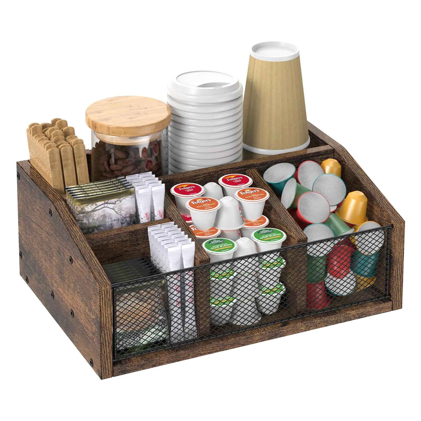 NOVIMANGO Coffee Bar Station Organizer Wooden Coffee Bar Accessories Organizer Rustic Coffee and Tea Condiment Organizer Coffee Condiment Organizer Holder Coffee Cup Holder for Counter
