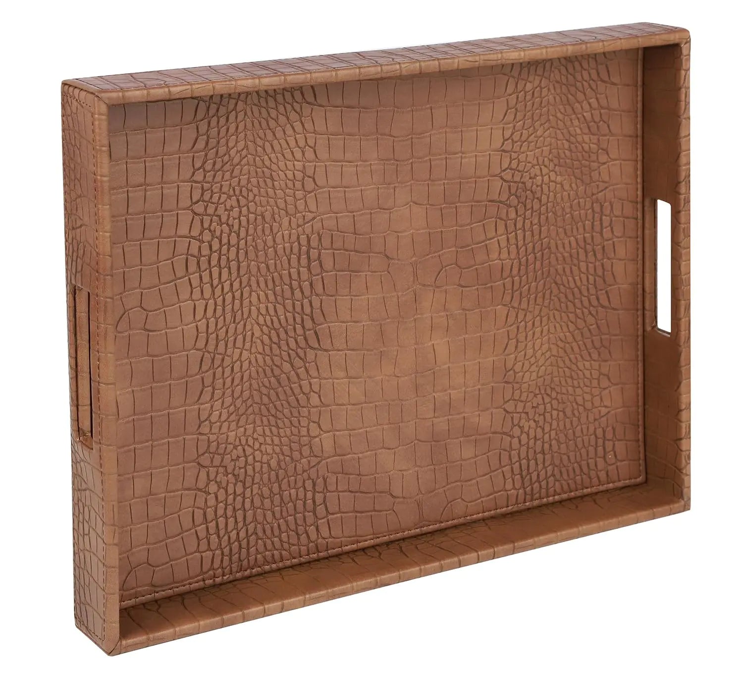 HofferRuffer Rectangle Serving Tray with Hole Handles for Coffee Table Breakfast Tea Food Butler - Countertop Kitchen Vanity Serve Tray 16.2 x 12.2 x 2 inches Faux Leather Tray (Antique Brown)