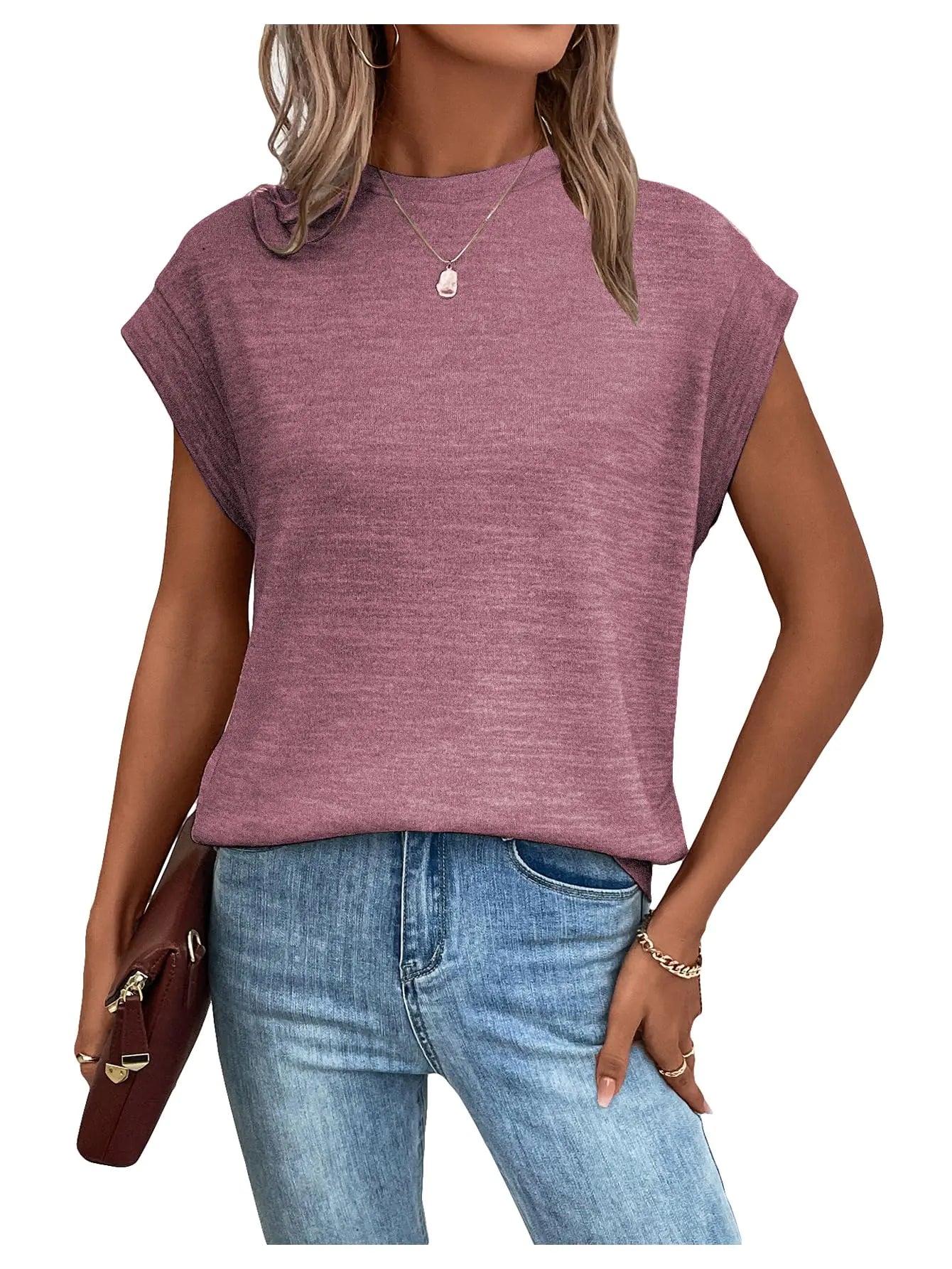 Milumia Womens Casual Cap Short Sleeve T Shirt Dressy Mock Neck Office Work Top Dusty Pink