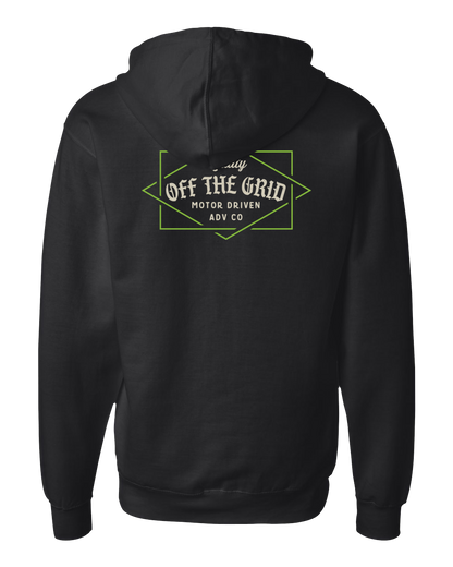 Black fleece Old Fashioned Zip Hoodie by Off The Grid Surplus featuring a front zipper and casual streetwear style.