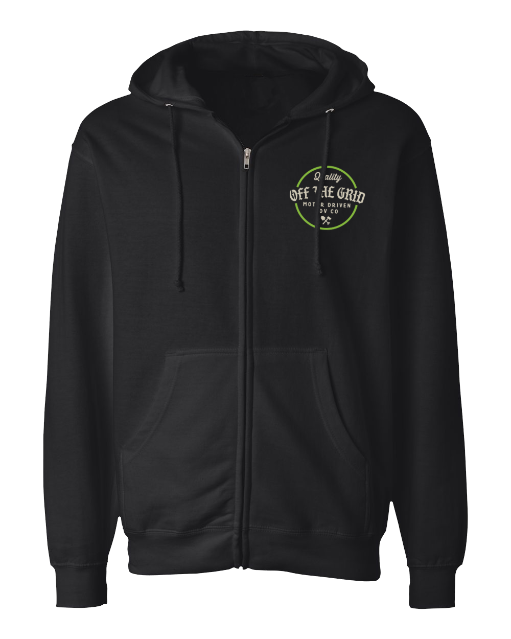 Black fleece Old Fashioned Zip Hoodie by Off The Grid Surplus, front view showing zipper and cozy material.