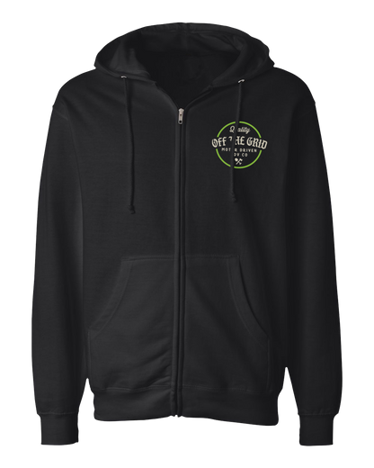 Black fleece Old Fashioned Zip Hoodie by Off The Grid Surplus, front view showing zipper and cozy material.