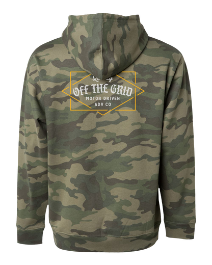 Fleece Old Fashioned Zip Hoodie in green camouflage by Off The Grid Surplus, showing front view with zip closure and hoodie.