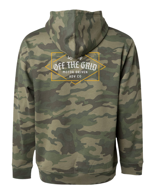 Fleece Old Fashioned Zip Hoodie in green camouflage by Off The Grid Surplus, showing front view with zip closure and hoodie.