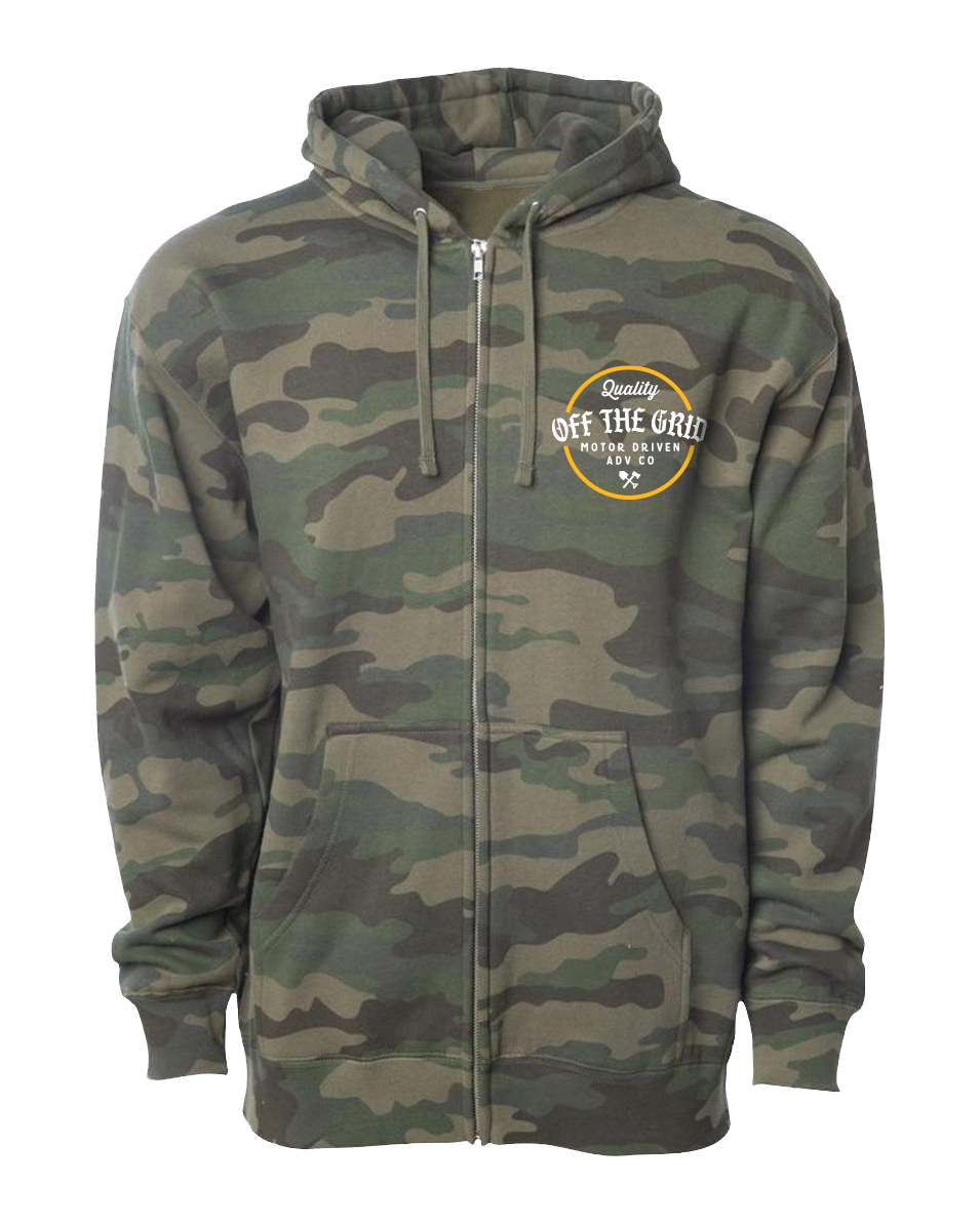 Green camo fleece Old Fashioned Zip Hoodie by Off The Grid Surplus, front view showing zip closure and cozy fabric texture.