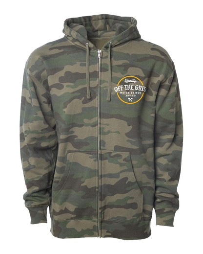 Green camo fleece Old Fashioned Zip Hoodie by Off The Grid Surplus, front view showing zip closure and cozy fabric texture.