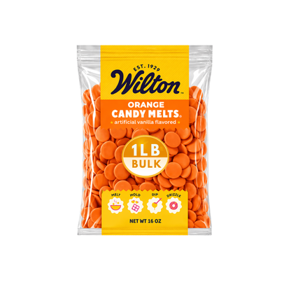 Orange Wilton chocolate confectionery melting wafers in bulk bag, suitable for candy making and decorating desserts.